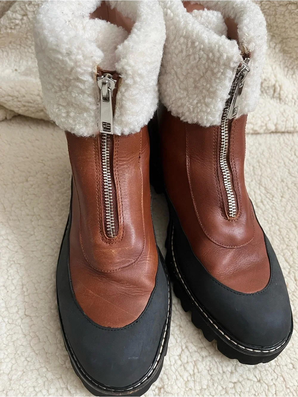 J. Crew Brown Leather & Black Rubber Shearling Cuff Ankle Boot Sz 11, BD826